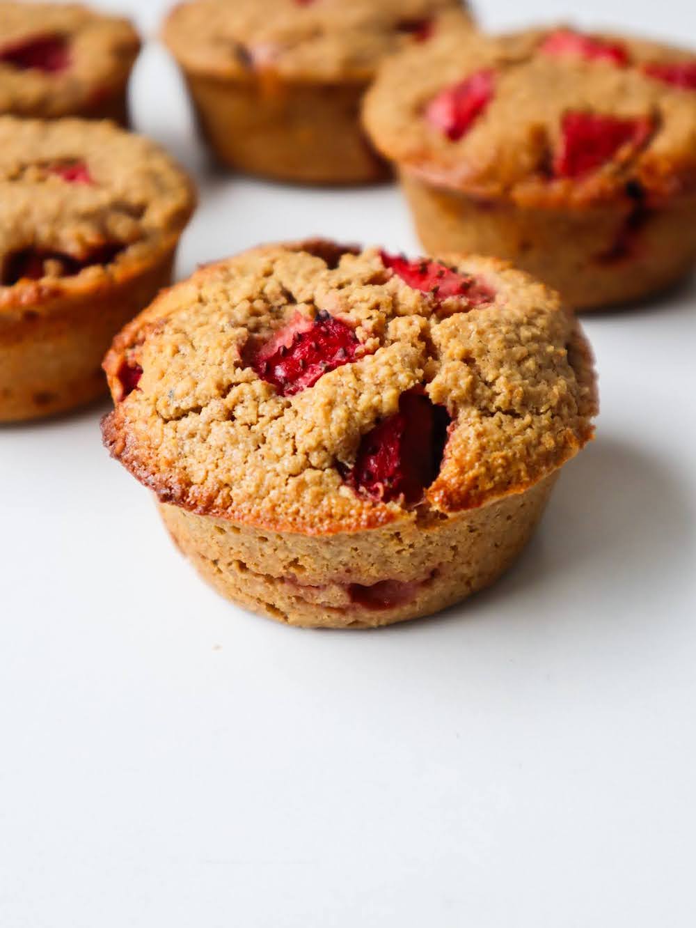 Flourless strawberry oatmeal muffins - a dessert, snack or breakfast that you can meal prep! They're fluffy and full of strawberry flavor.